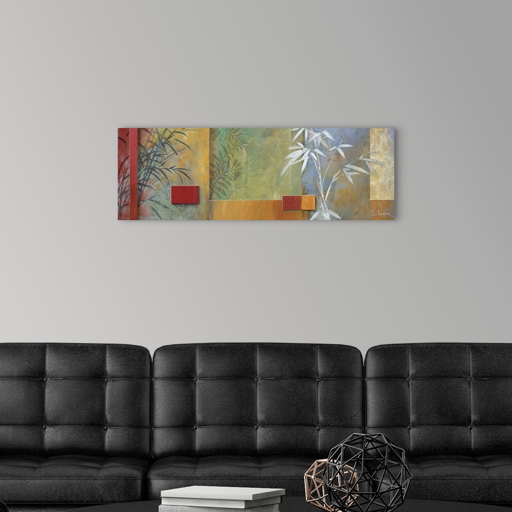 A modern room featuring Abstract painting of squared shapes overlapping with floral and leaf elements.
