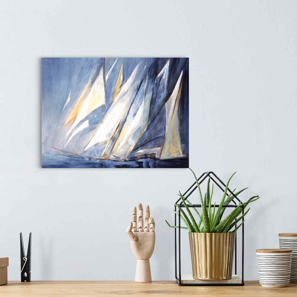 A bohemian room featuring A contemporary painting of sailboats on rough waters.