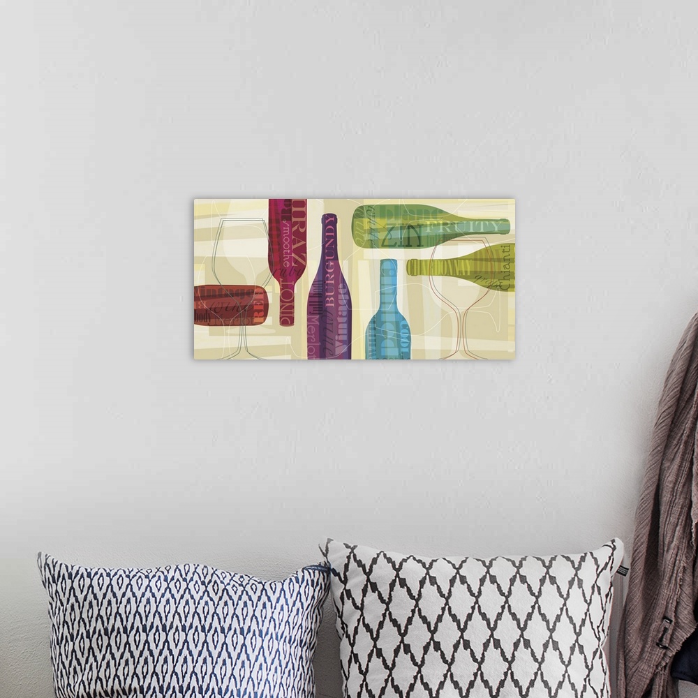 A bohemian room featuring Horizontal artwork of multi-colored wine bottles with words associated with wine on them on a bei...