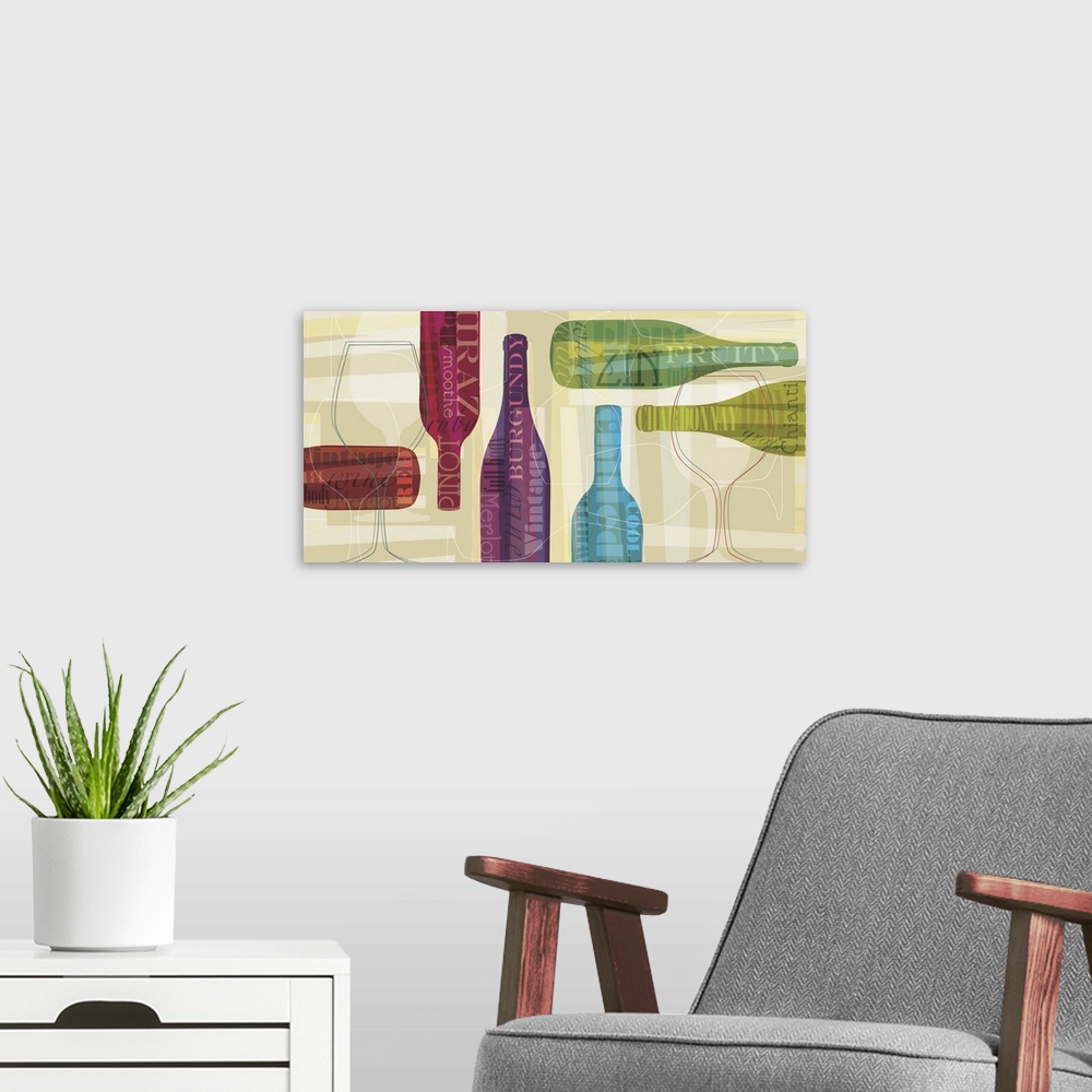 A modern room featuring Horizontal artwork of multi-colored wine bottles with words associated with wine on them on a bei...