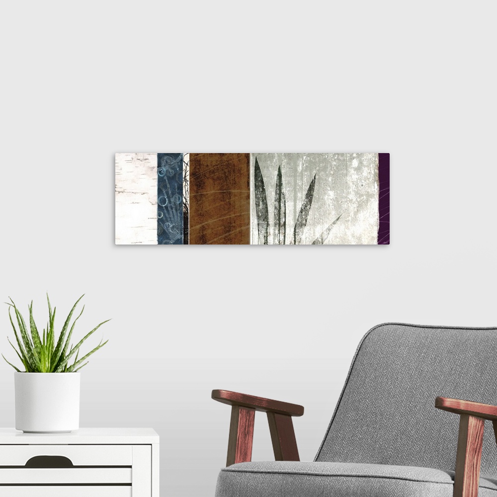A modern room featuring Contemporary horizontal design of textured colors and leaves in multiple panels.