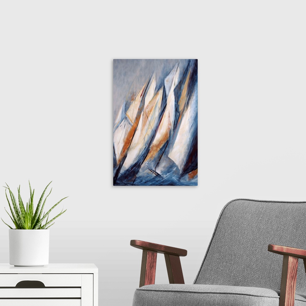 A modern room featuring A contemporary painting of sailboats on rough waters.