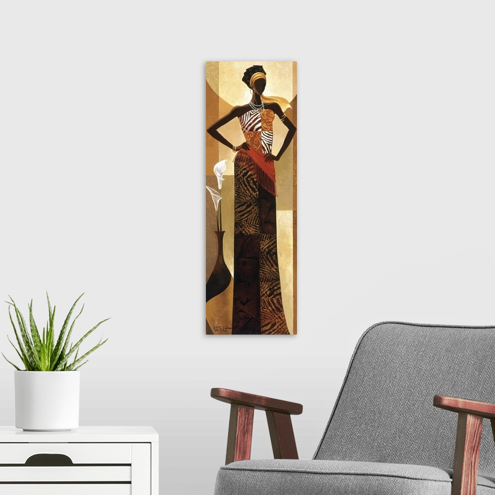 A modern room featuring Artwork of an African woman in traditional dress.