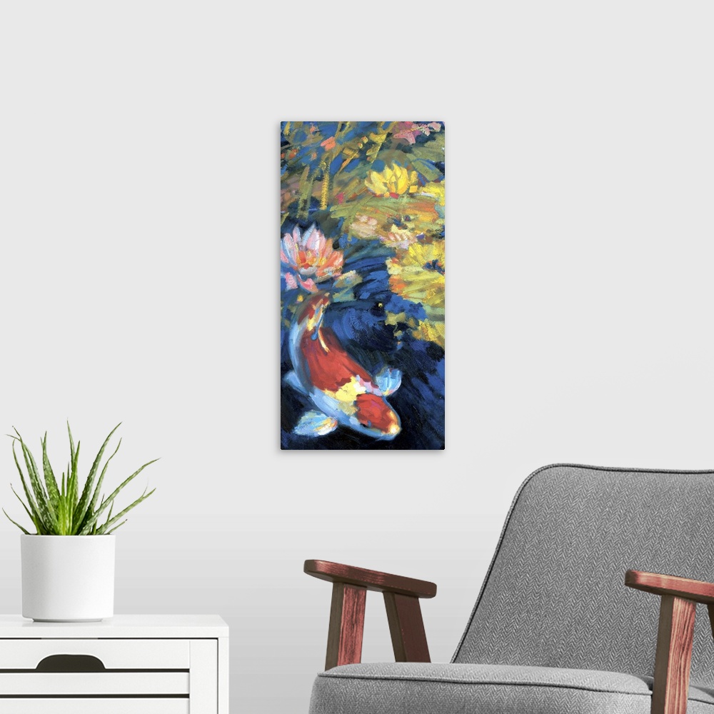 A modern room featuring Contemporary painting of a koi fish swimming under waterlilies.