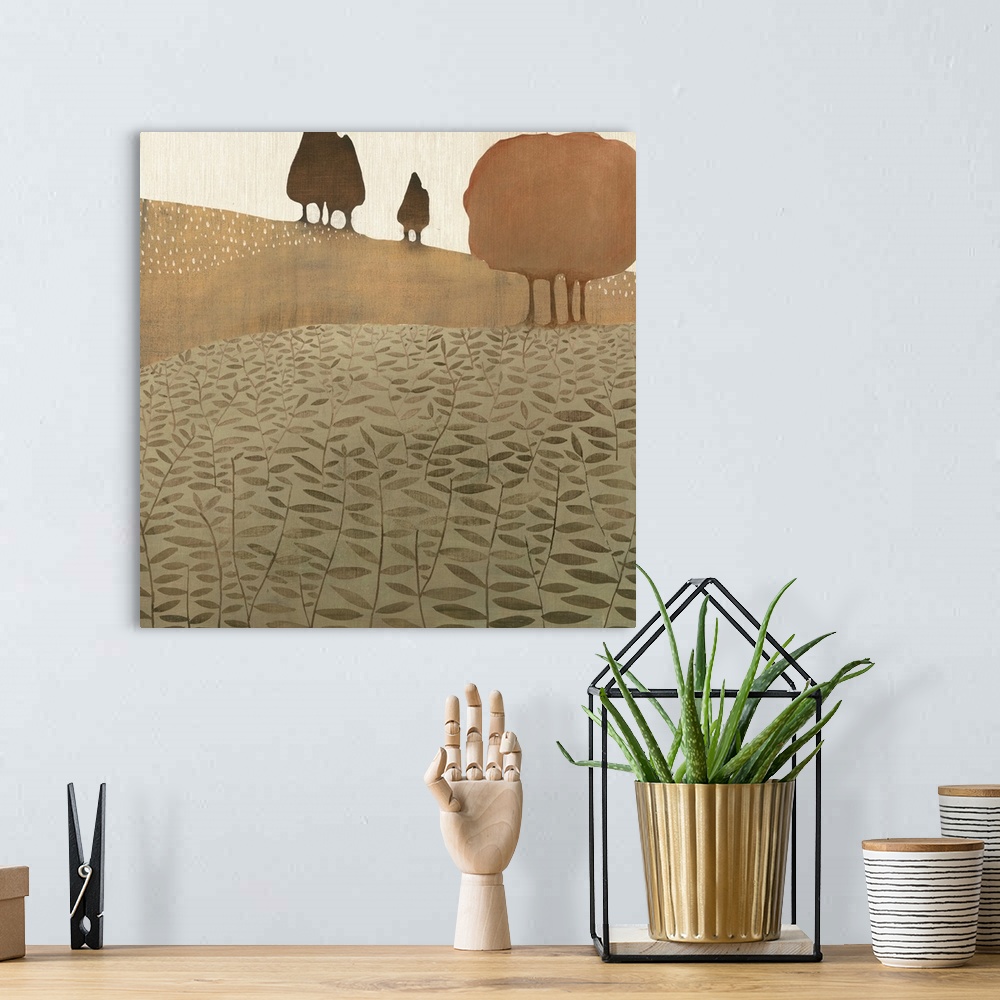 A bohemian room featuring Complementary painting of a country field of grass with rolling hills and trees done in neutral t...