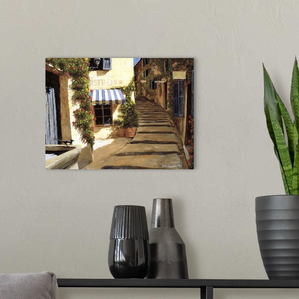 A modern room featuring Painting of stone steps near a bistro in a European village.