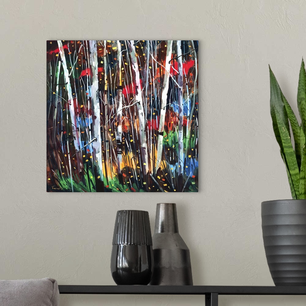 A modern room featuring A square abstract painting of a forest of birch trees with black, red, yellow and red colors in t...