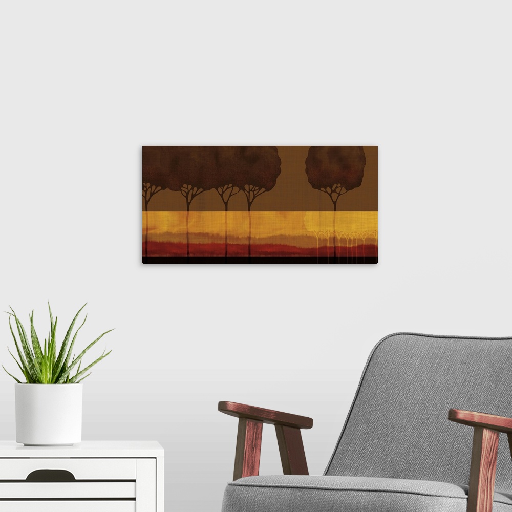 A modern room featuring Contemporary artwork of a row of trees with a light wide horizontal line.