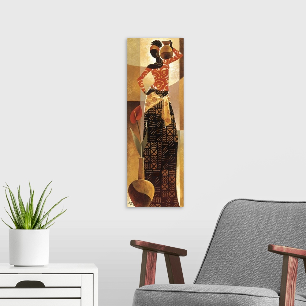 A modern room featuring Artwork of an African woman in traditional dress holding a vase.