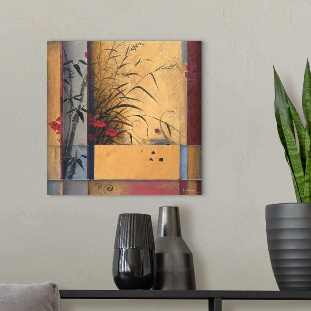 A modern room featuring A contemporary Asian theme painting with bamboo and flowers with a square grid design.