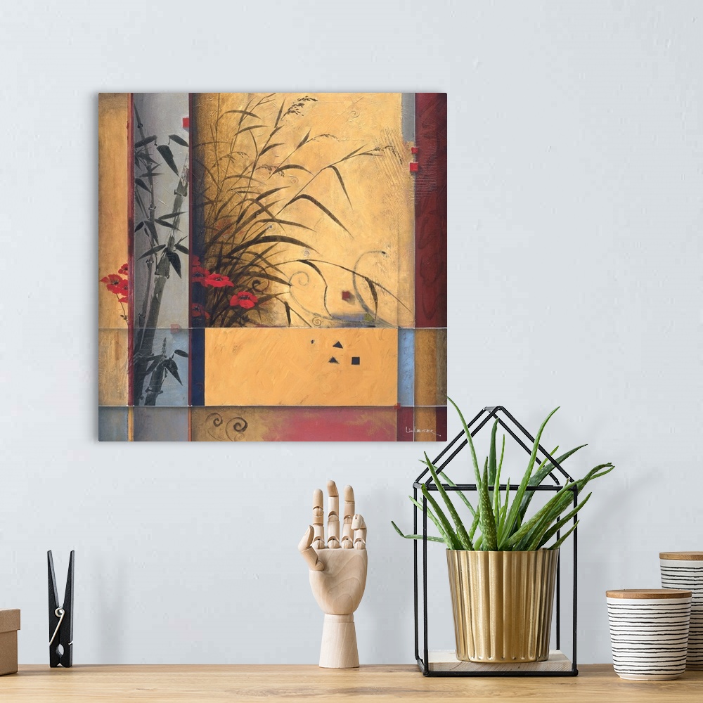 A bohemian room featuring A contemporary painting of bamboo and red flowers with a square grid design border.