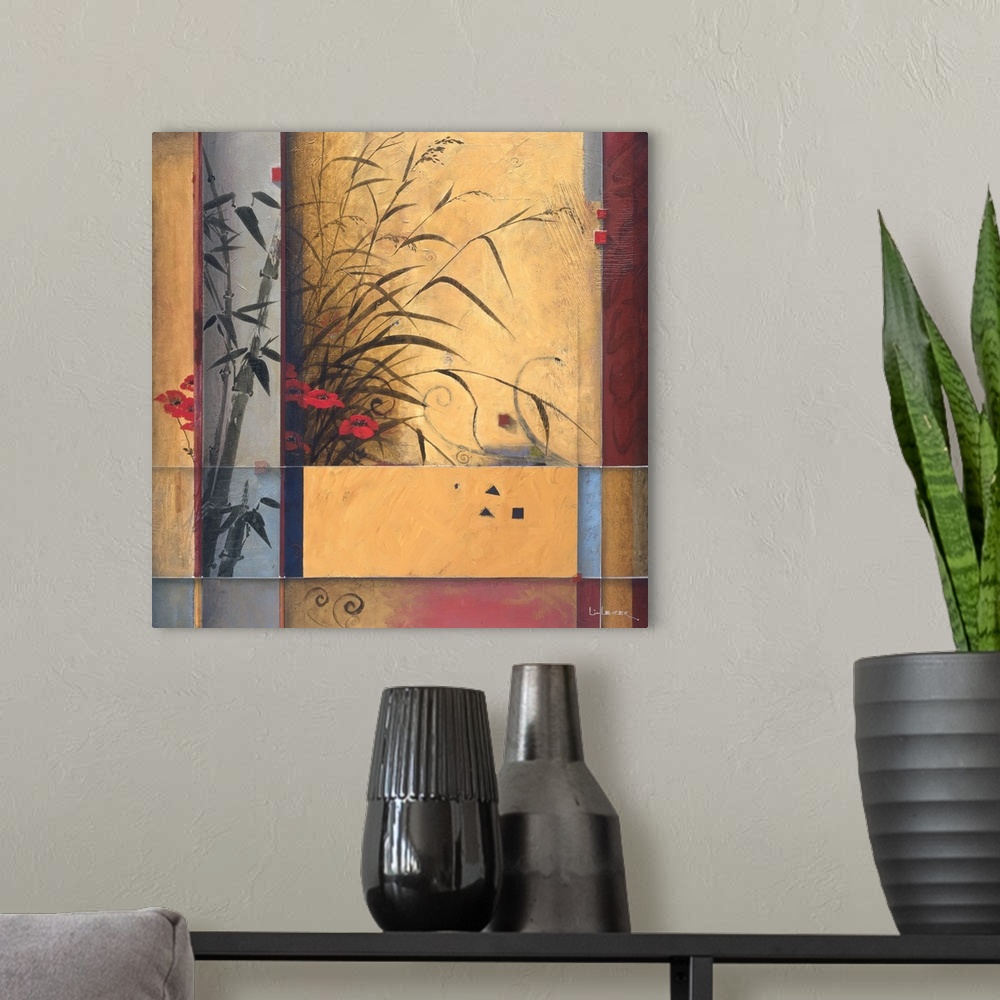 A modern room featuring A contemporary painting of bamboo and red flowers with a square grid design border.