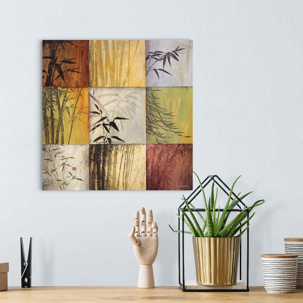 A bohemian room featuring Square painting of nine images of bamboo in different colors and views.