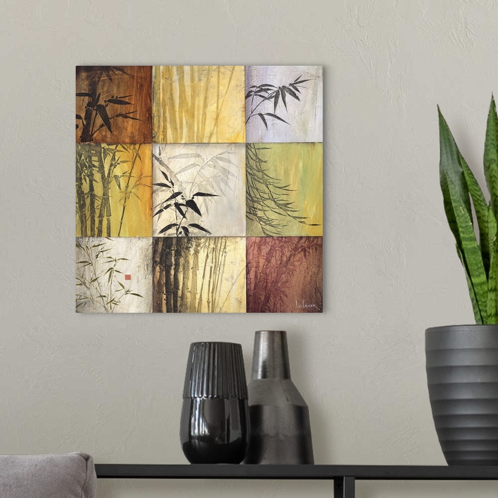 A modern room featuring Square painting of nine images of bamboo in different colors and views.