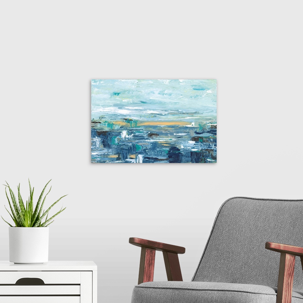A modern room featuring Horizontal abstract landscape of wide brush strokes in varies shades of blue and white.