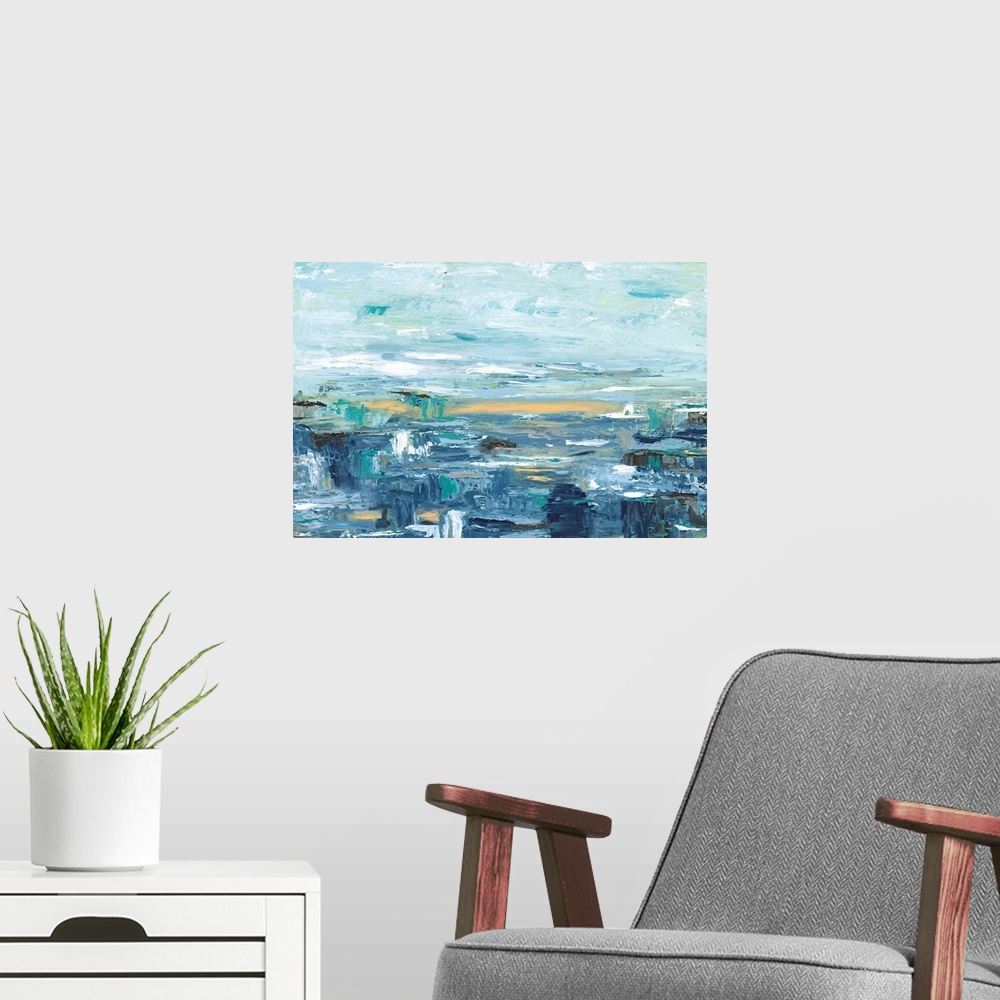 A modern room featuring Horizontal abstract landscape of wide brush strokes in varies shades of blue and white.