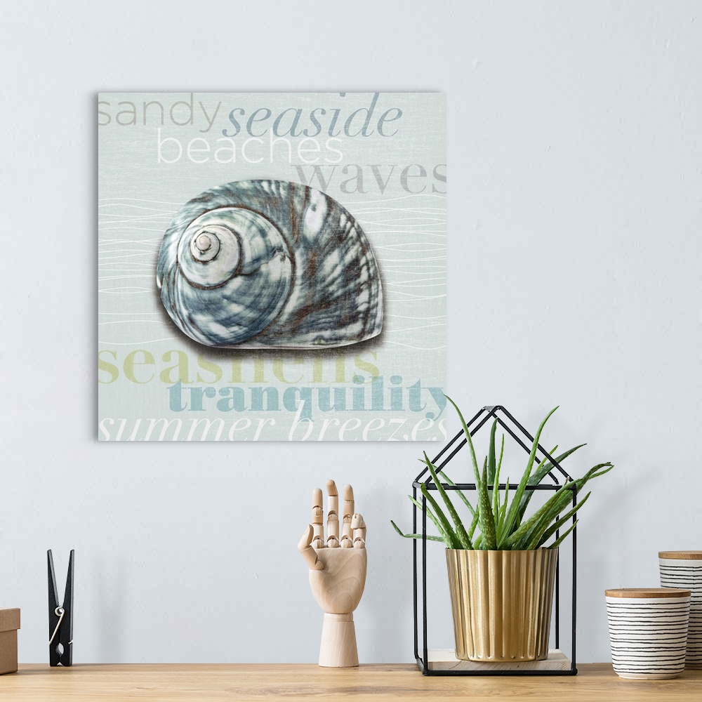 A bohemian room featuring Decorative artwork of a sea shell against a light blue background with beach theme words.