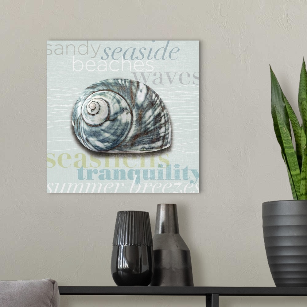 A modern room featuring Decorative artwork of a sea shell against a light blue background with beach theme words.