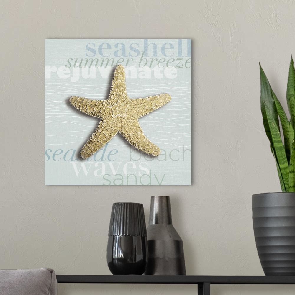A modern room featuring Decorative artwork of a starfish against a light blue background with beach theme words.