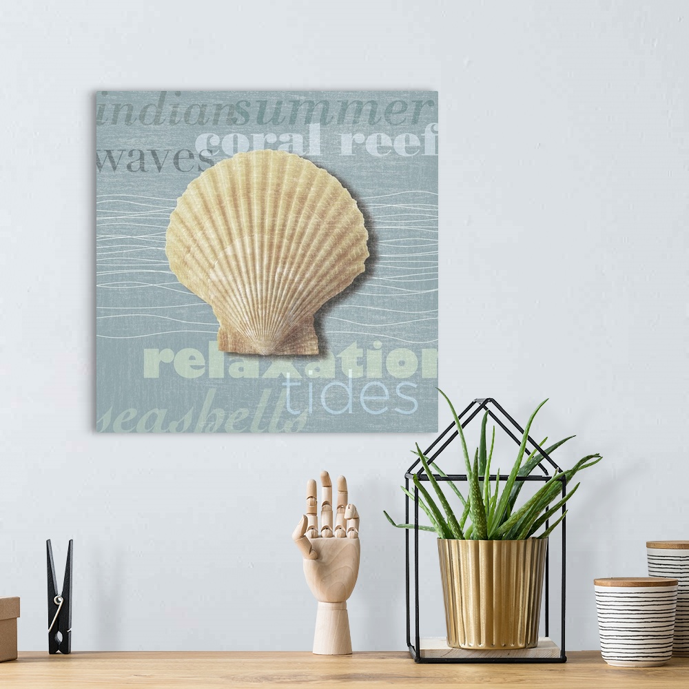 A bohemian room featuring Decorative artwork of a sea shell against a light blue background with beach theme words.