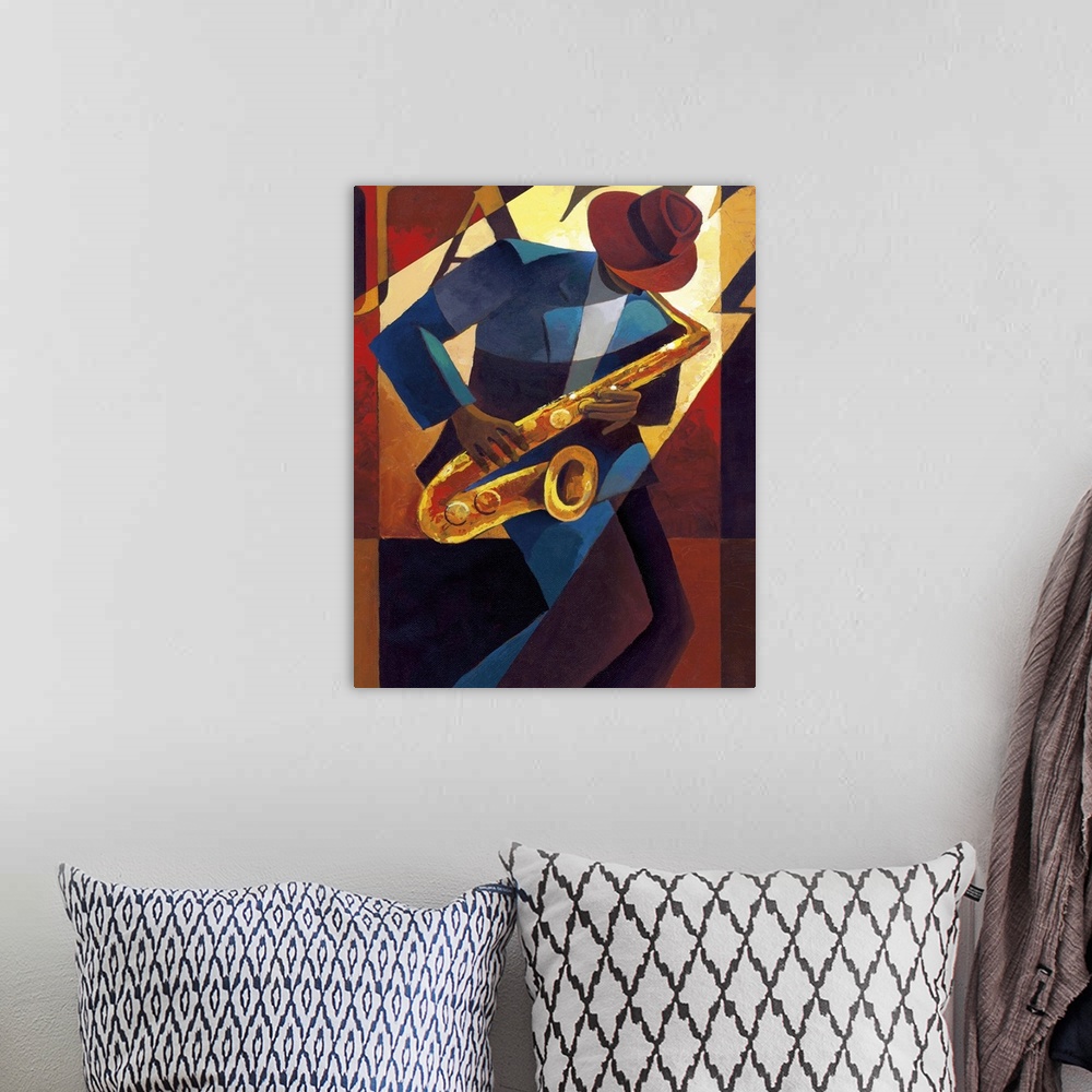 A bohemian room featuring Contemporary painting of a jazz musician playing the saxophone.