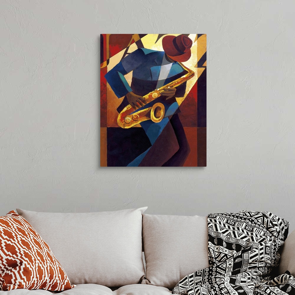 A bohemian room featuring Contemporary painting of a jazz musician playing the saxophone.