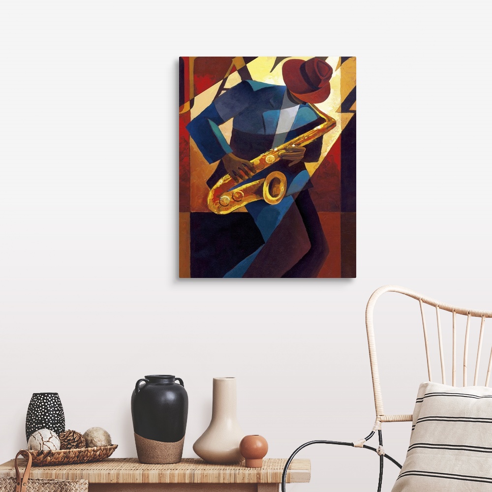 A farmhouse room featuring Contemporary painting of a jazz musician playing the saxophone.