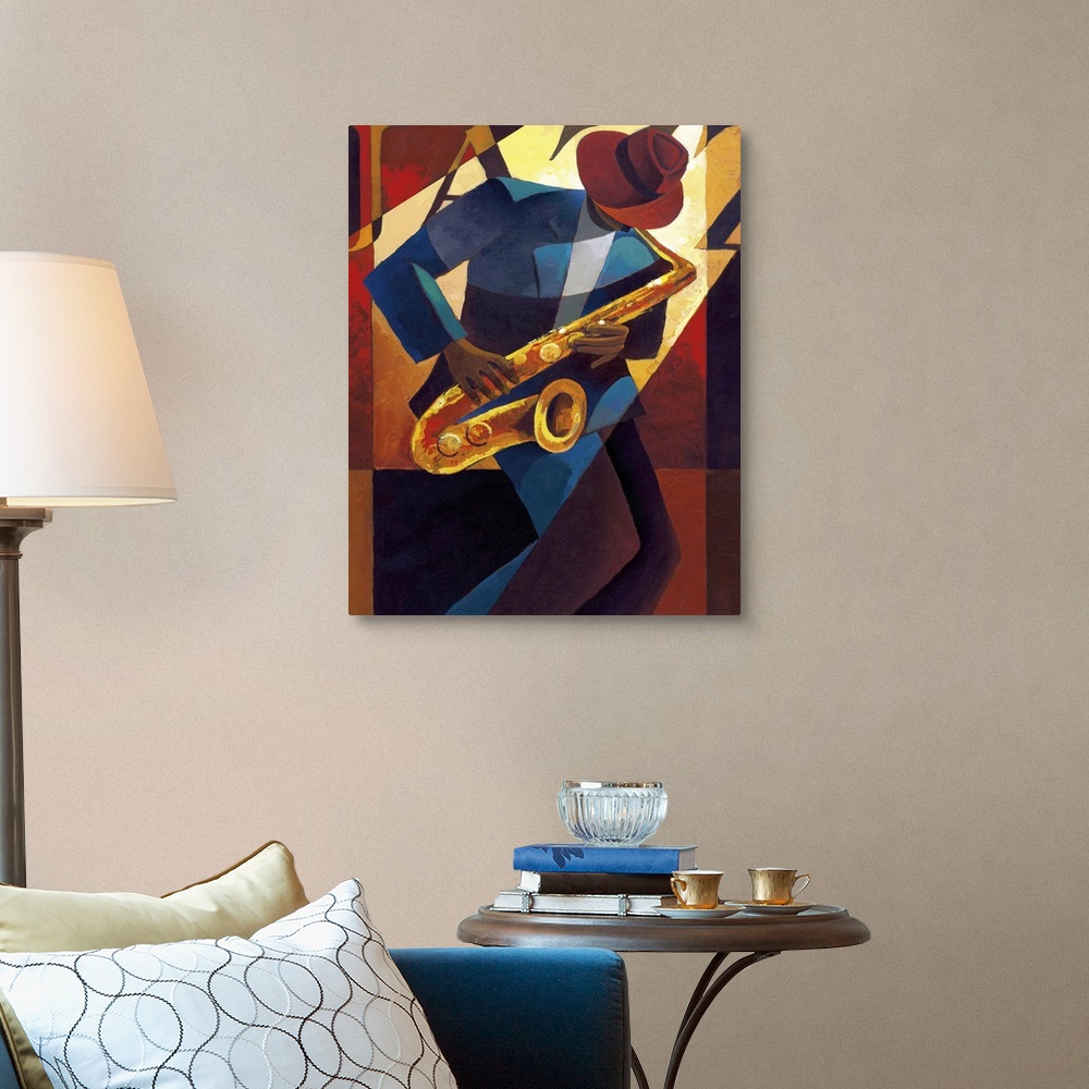 A traditional room featuring Contemporary painting of a jazz musician playing the saxophone.