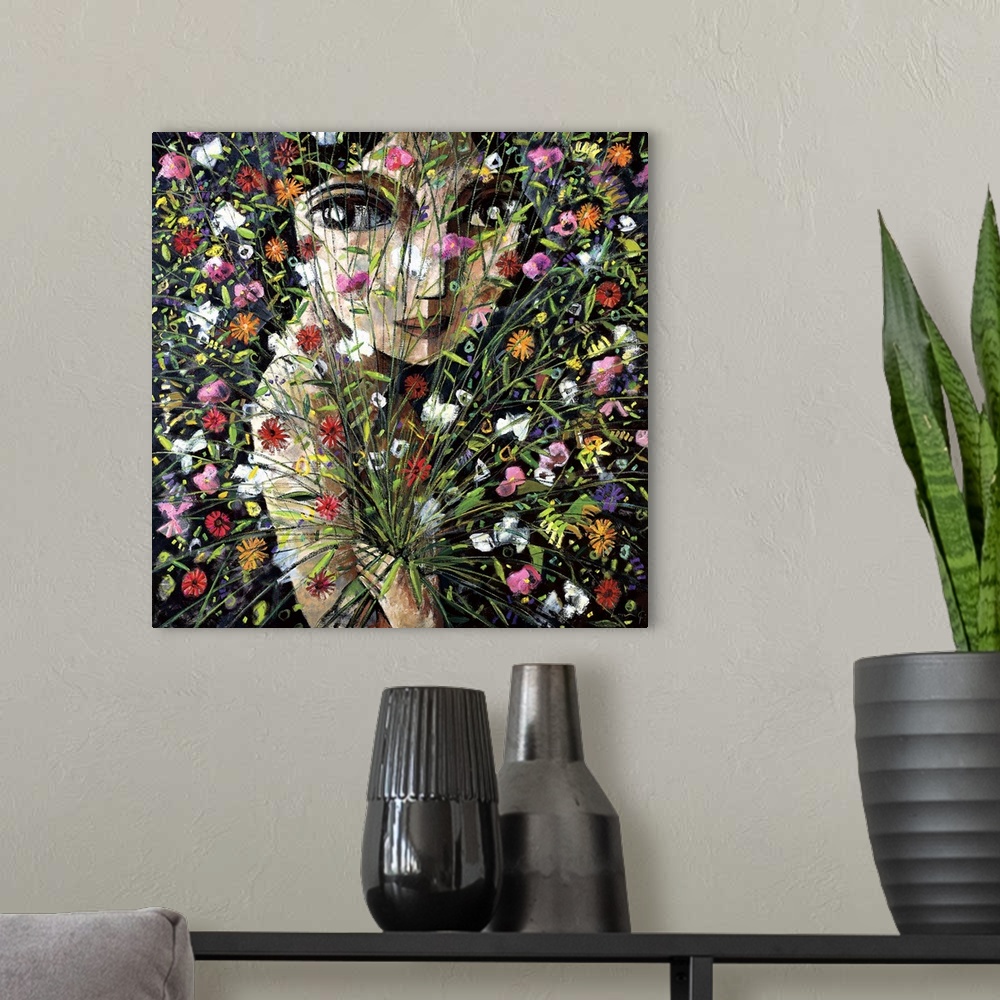 A modern room featuring A square portrait of a woman behind a large bouquet of wild flowers on a black background, painte...