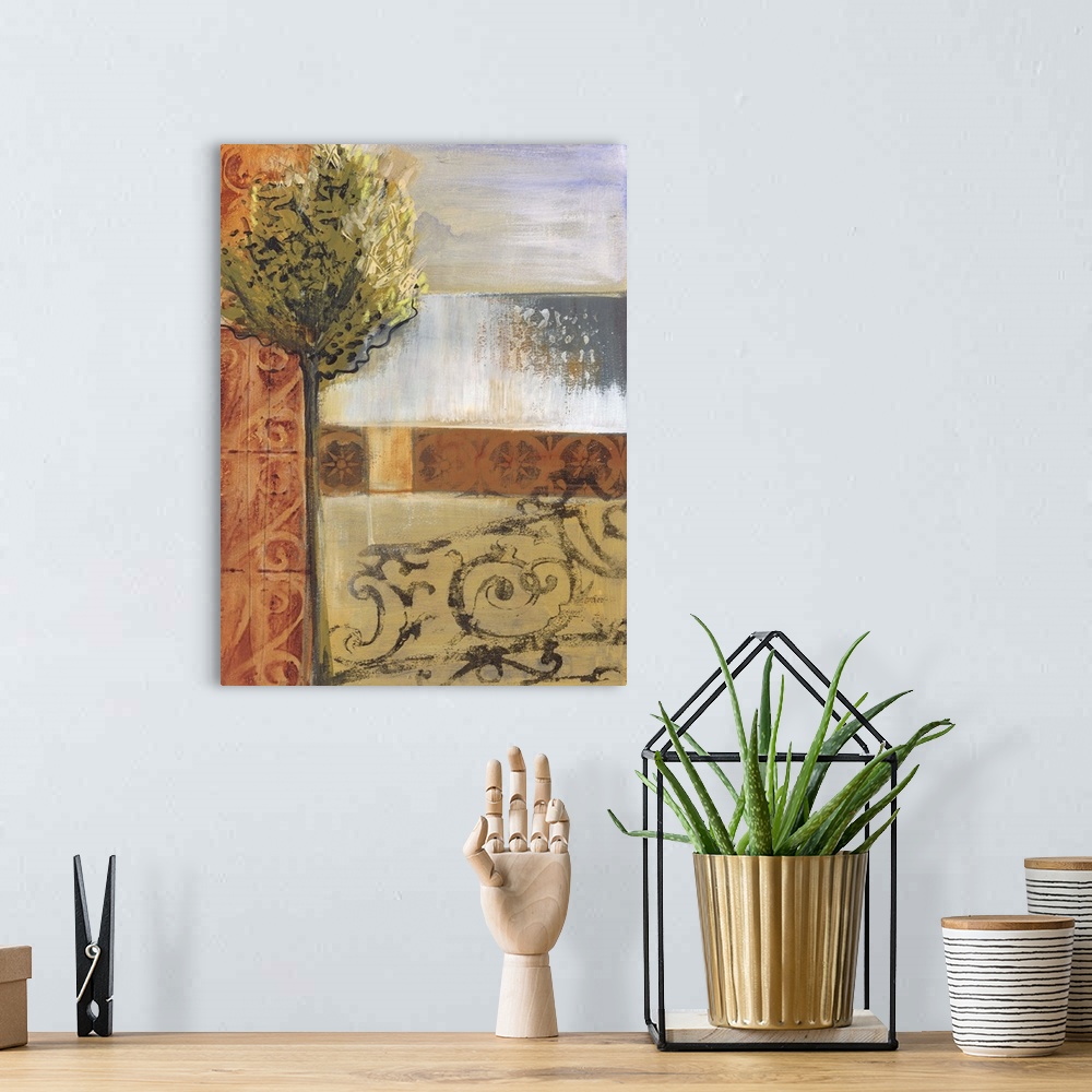 A bohemian room featuring A vertical landscape painting of a tree in front of water with a subtle hint of a gray gate in th...