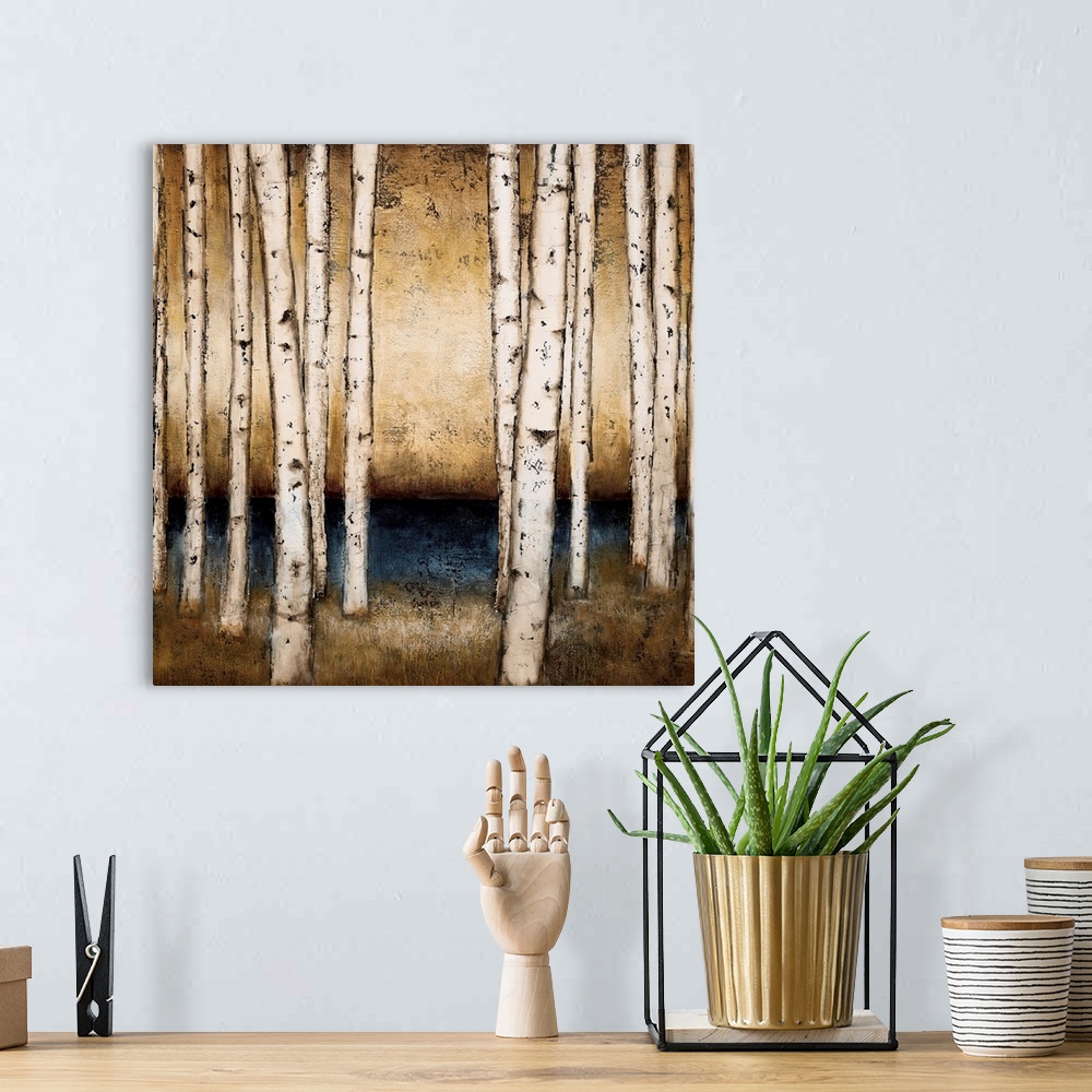 A bohemian room featuring Square contemporary painting of birch trees in a forest done in neutral earth tones.