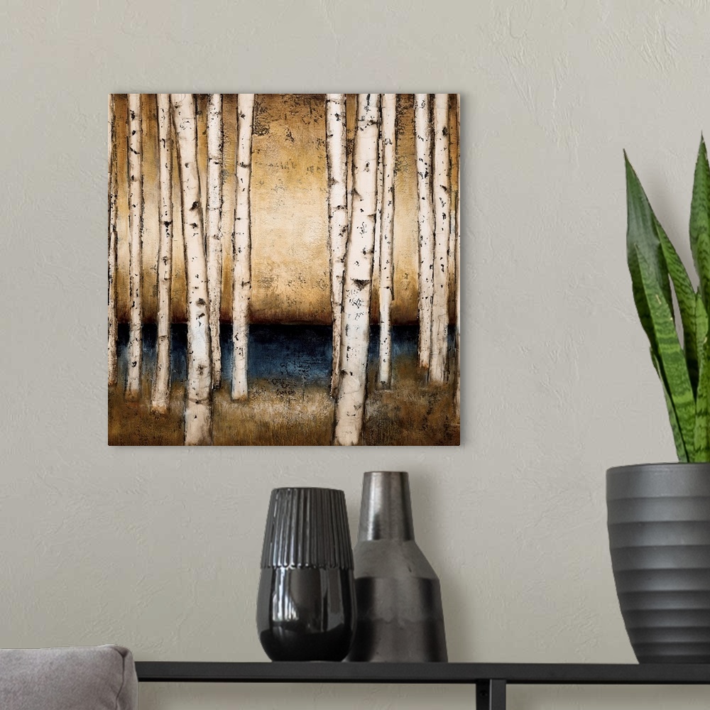 A modern room featuring Square contemporary painting of birch trees in a forest done in neutral earth tones.