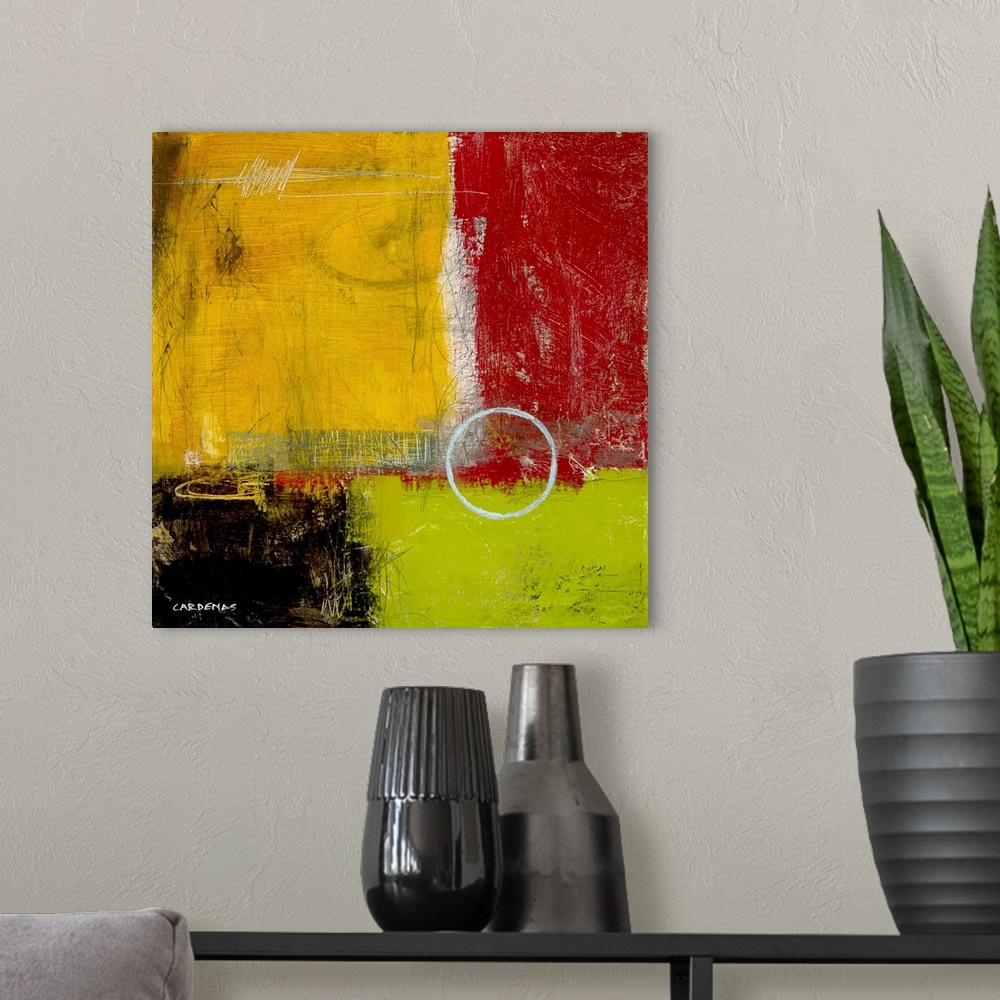 A modern room featuring Red, mustard, lime green and black abstract, square.