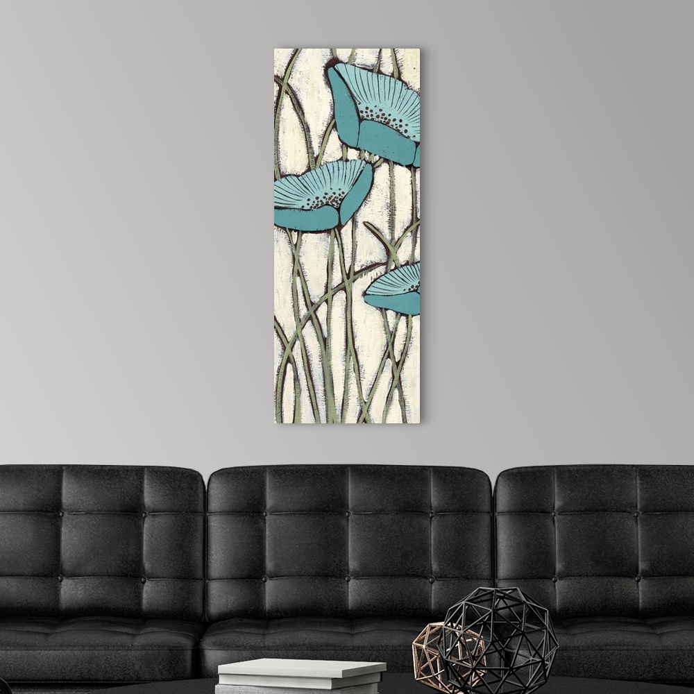 A modern room featuring Vertical painting of a group of blue poppies against a neutral backdrop.