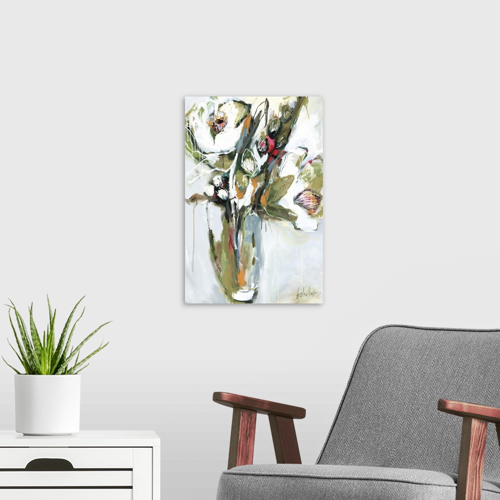 A modern room featuring A vertical abstract of blooming flowers in a vase in shades of green, gray and white with red and...