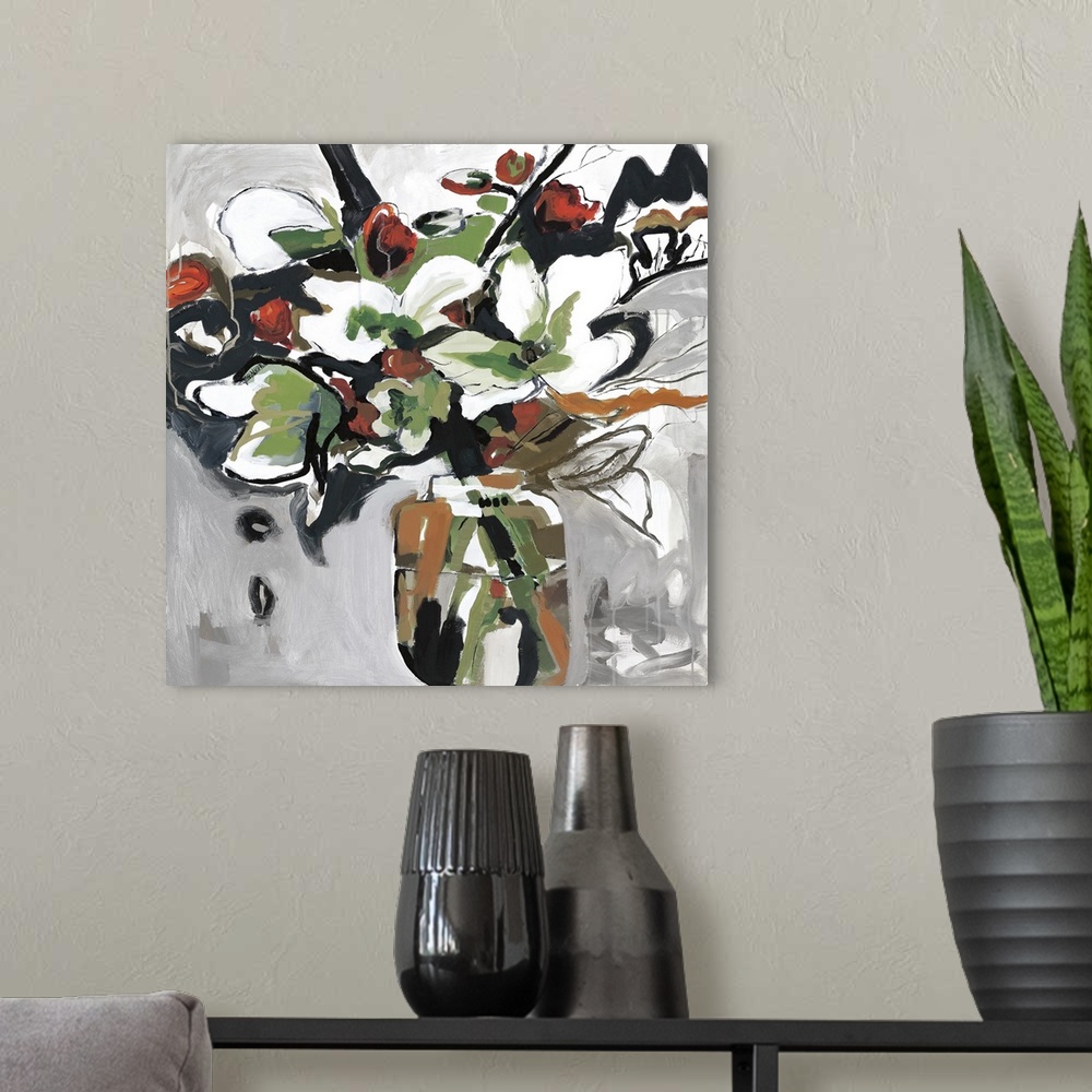 A modern room featuring Square floral abstract of a vase of large white flowers with small red roses throughout.