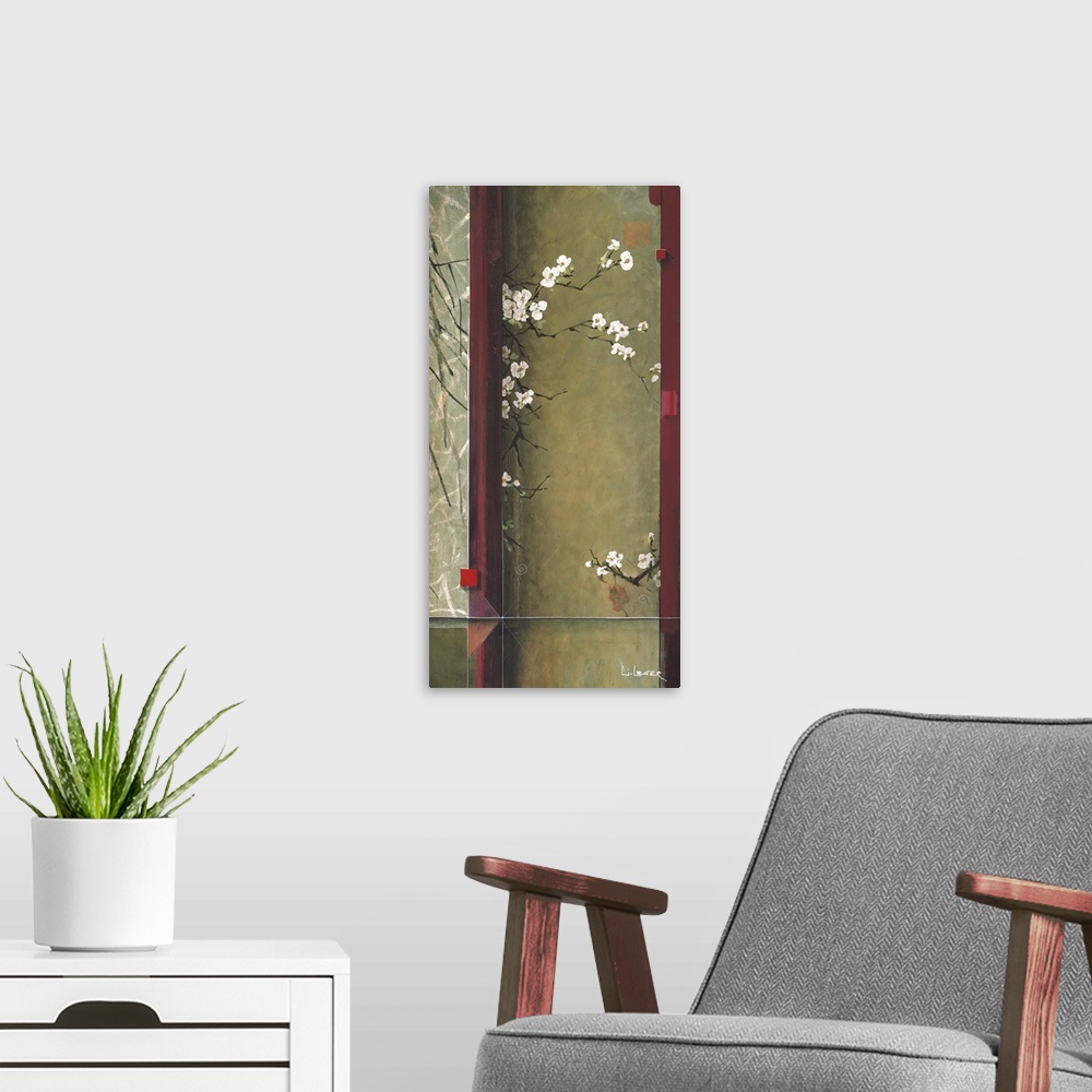 A modern room featuring A contemporary painting of white cherry blossom flowers bordered with a square grid design.