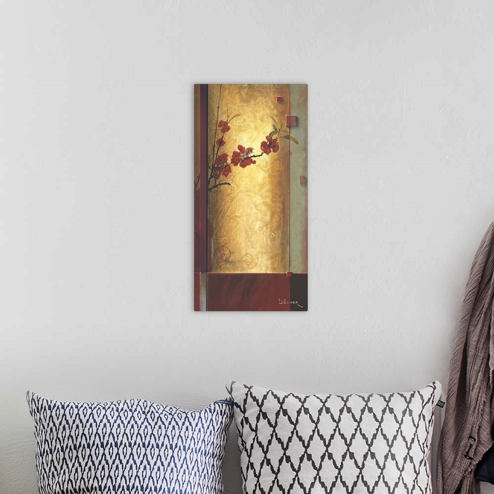 A bohemian room featuring A contemporary painting with red cherry blossoms bordered with a square grid design.