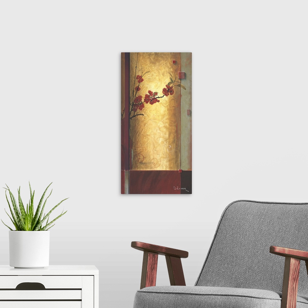 A modern room featuring A contemporary painting with red cherry blossoms bordered with a square grid design.