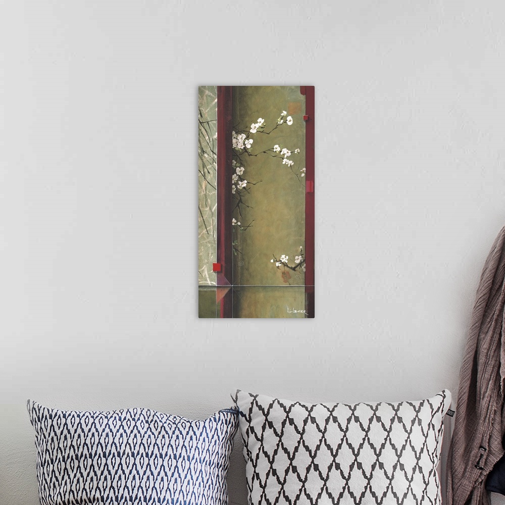 A bohemian room featuring A contemporary painting with white cherry blossoms bordered with a square grid design.