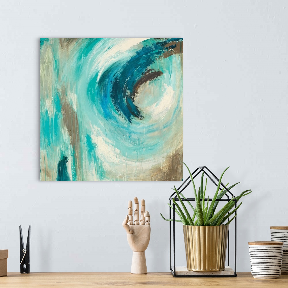 A bohemian room featuring A square abstract painting of swirled colors of teal, white and gray.