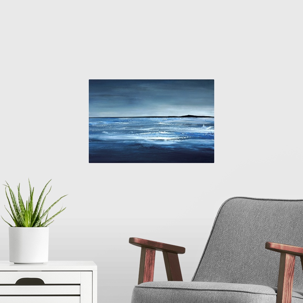 A modern room featuring A modern landscape of an ocean scene in bold brush strokes of blue, gray and white.