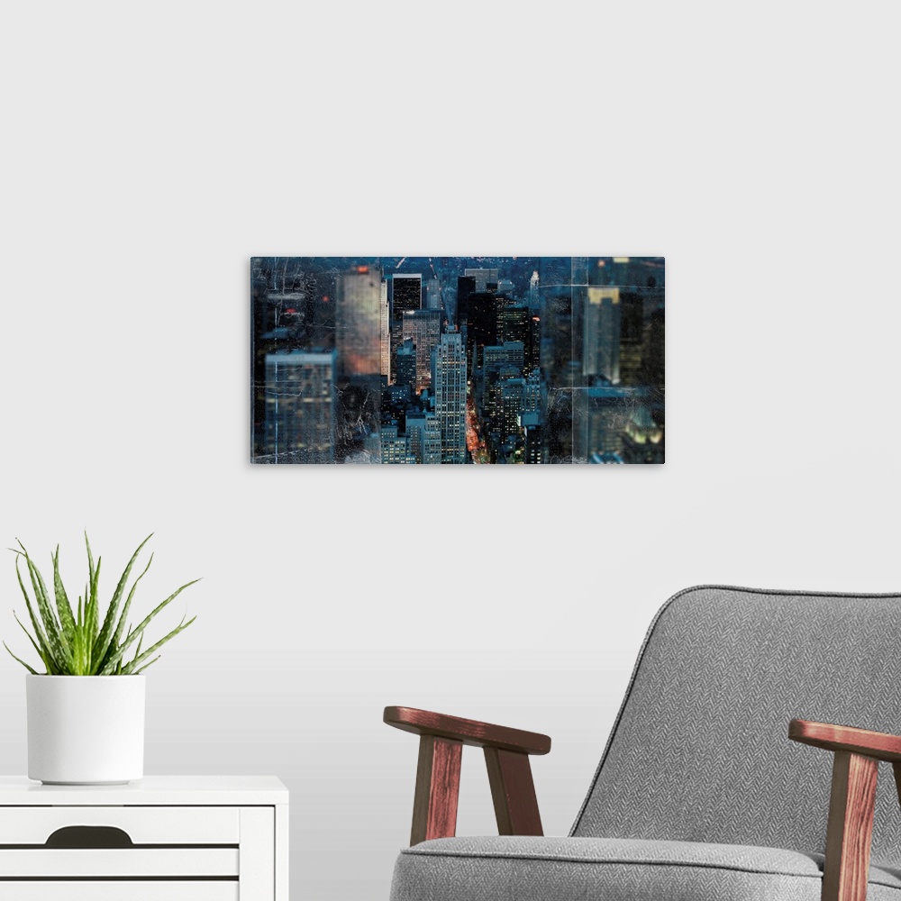 A modern room featuring An image composite of the city skyline of New York framed with a textured screen on both sides.