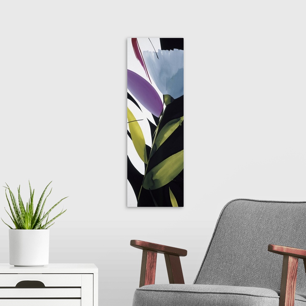 A modern room featuring A long vertical painting in a modern design of flowers and leaves on a black backdrop.