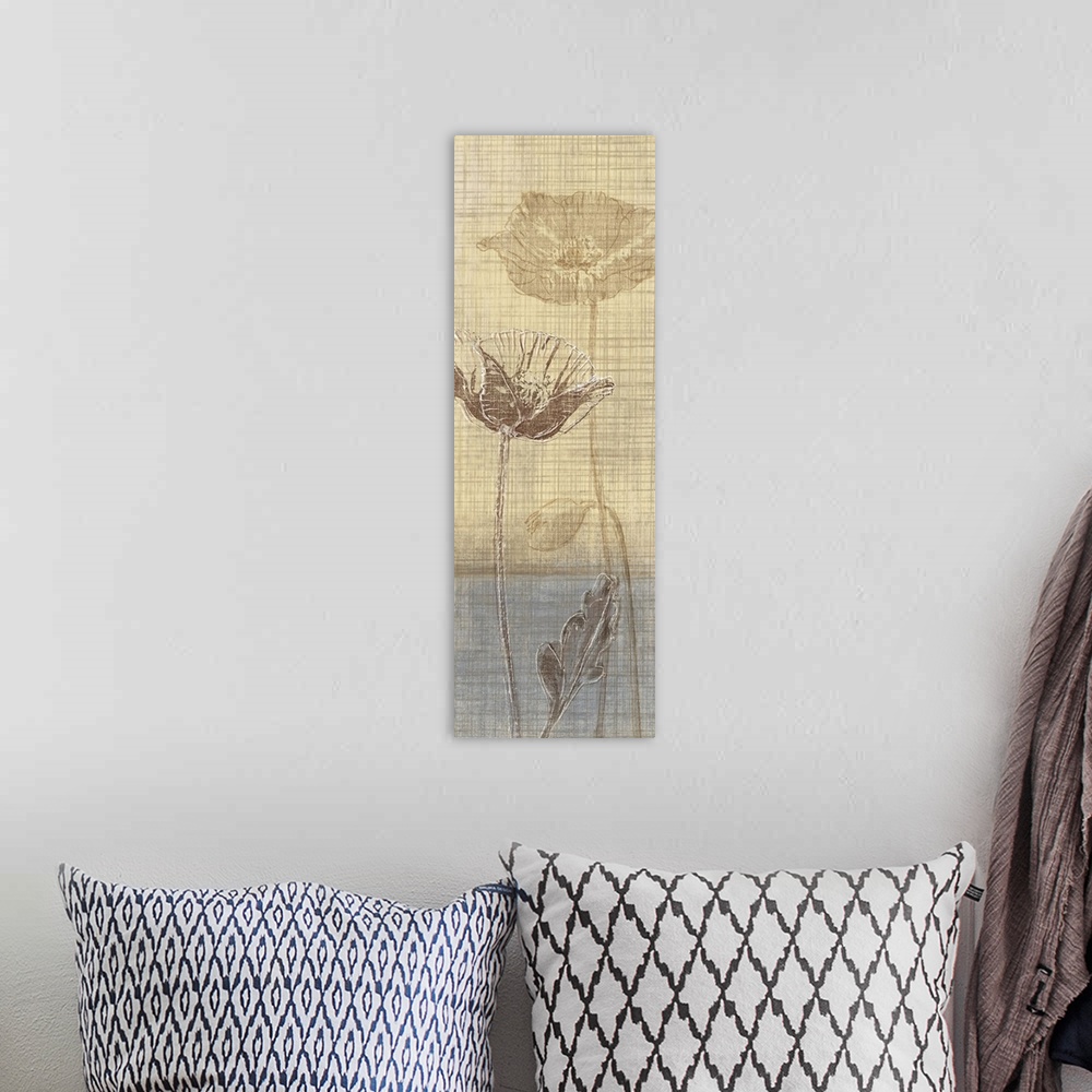 A bohemian room featuring A vertical digital artwork of two flowers with long stems with a weaved textured overlay.