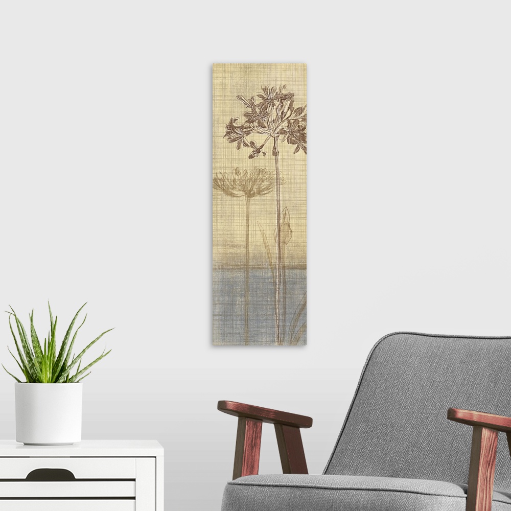 A modern room featuring A vertical digital artwork of two flowers with long stems with a weaved textured overlay.