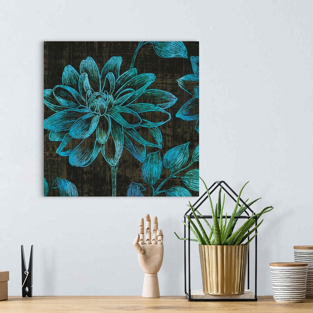 A bohemian room featuring Square contemporary artwork of flowers done in fine lines of teal against of dark backdrop.