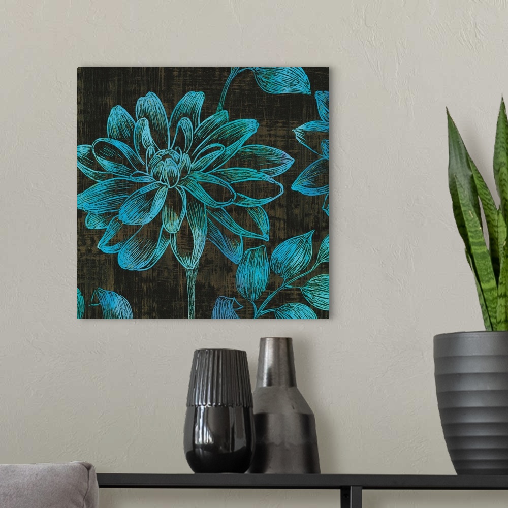 A modern room featuring Square contemporary artwork of flowers done in fine lines of teal against of dark backdrop.