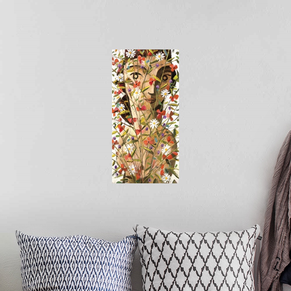 A bohemian room featuring A vertical portrait of a woman behind a large bouquet of wild flowers, painted in a cubism style.