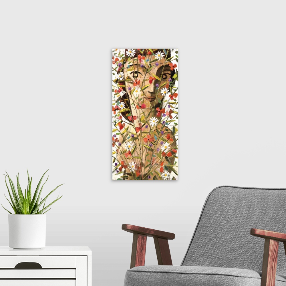 A modern room featuring A vertical portrait of a woman behind a large bouquet of wild flowers, painted in a cubism style.